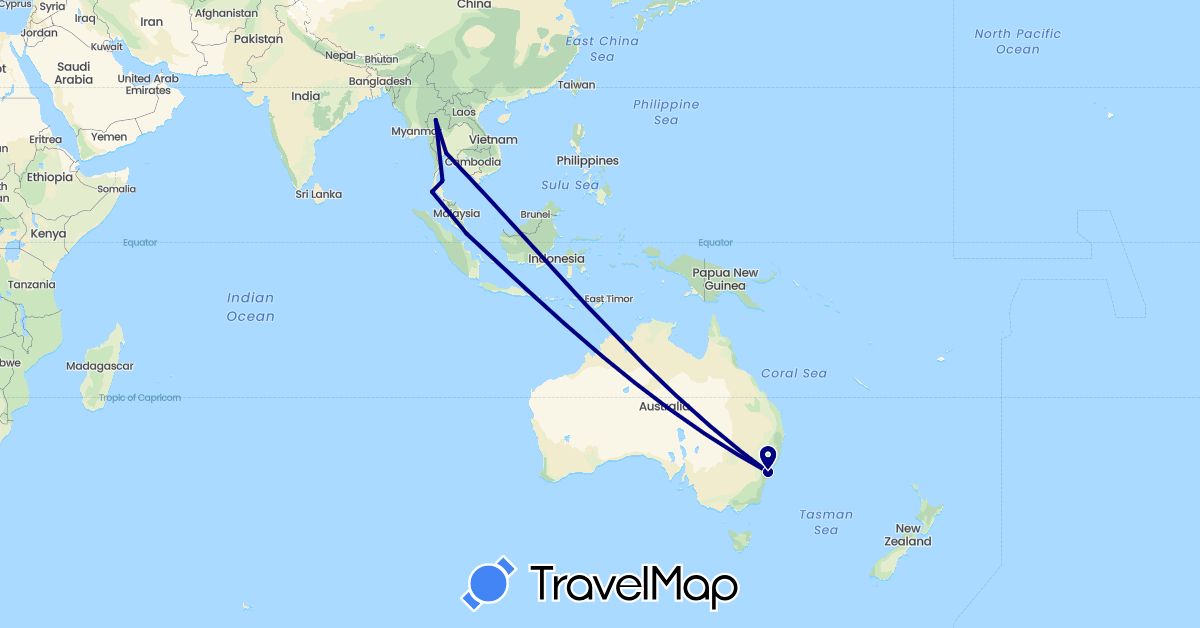 TravelMap itinerary: driving in Australia, Singapore, Thailand (Asia, Oceania)
